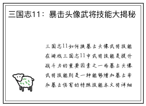 三国志11：暴击头像武将技能大揭秘