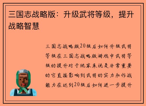 三国志战略版：升级武将等级，提升战略智慧